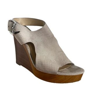 Michael Kors Textured Leather Wedge Wooden Heel Buckle Sandals in Taupe Size 9.5